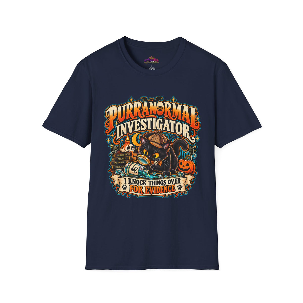 Purranormal Investigator T-Shirt — Funny Halloween Cat Tee (“I Knock Things Over for Evidence”)