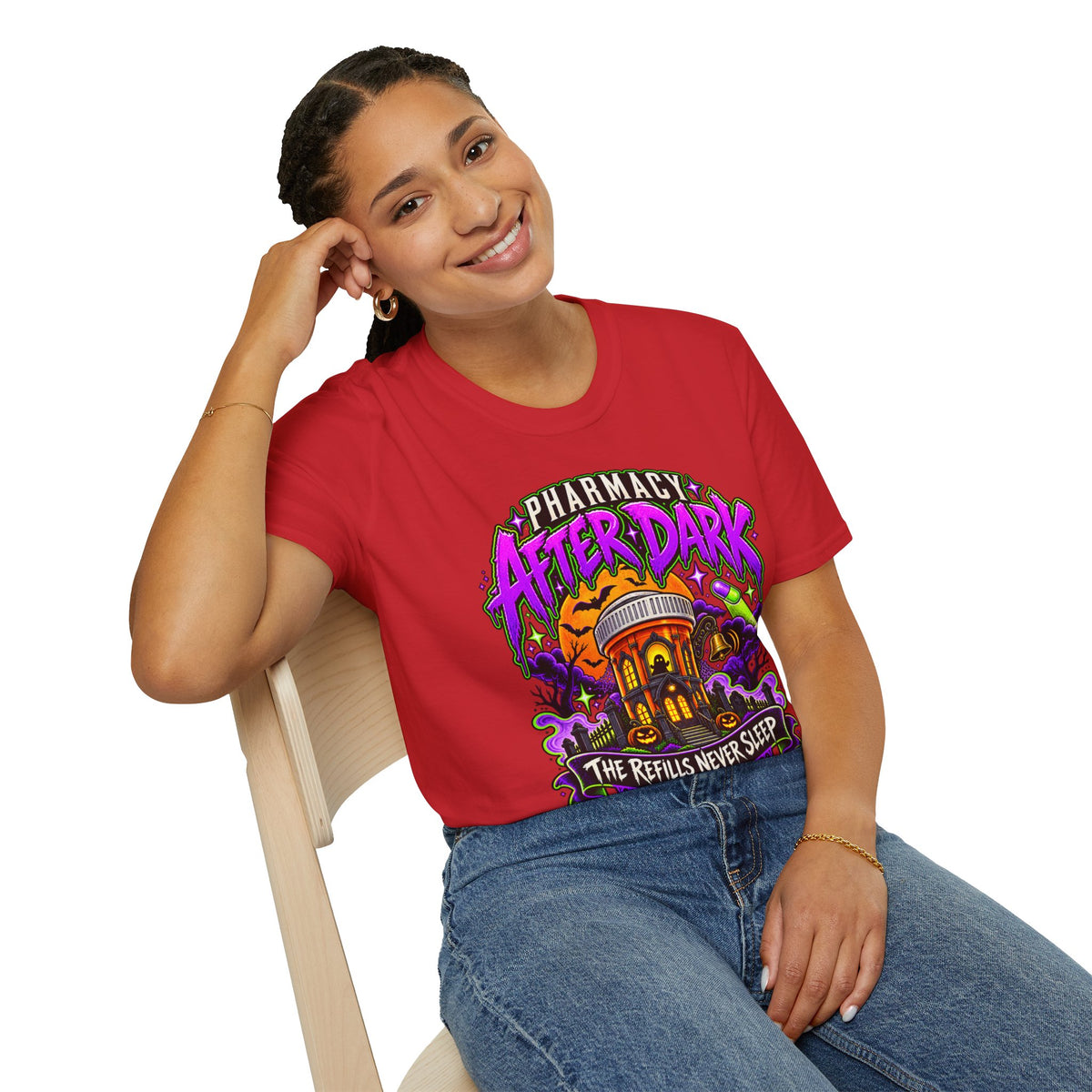 Pharmacy After Dark T-Shirt — 'The Refills Never Sleep' Halloween Pharmacy Tee
