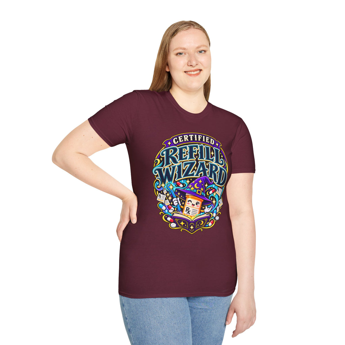 Certified Refill Wizard T-Shirt — Colorful Pharmacy/Tech Geek Graphic Tee