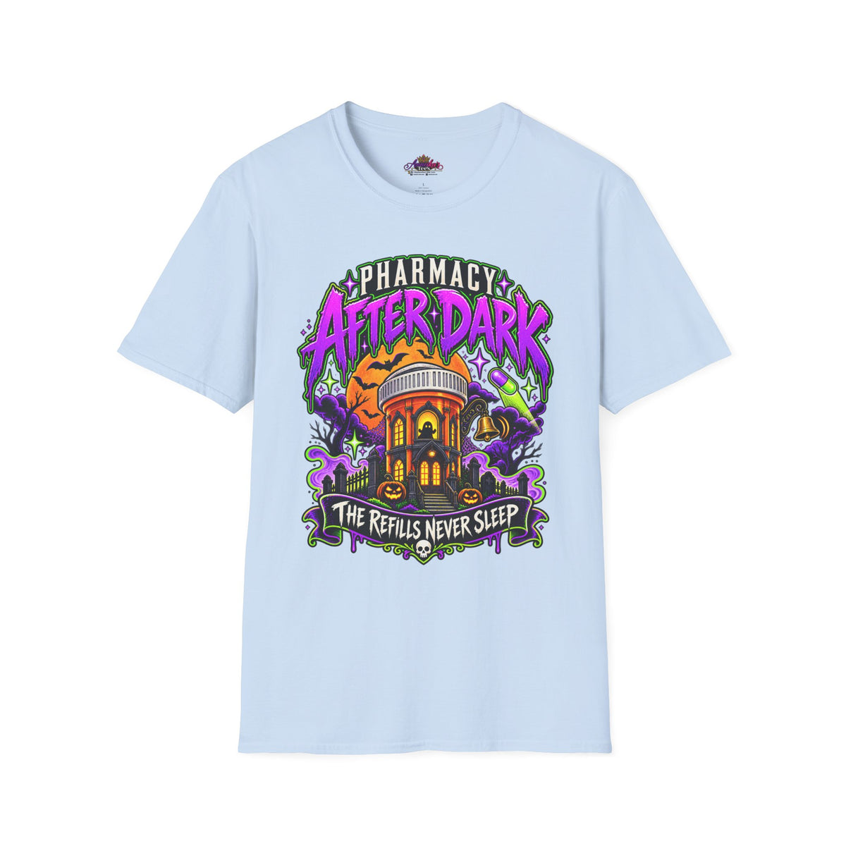 Pharmacy After Dark T-Shirt — 'The Refills Never Sleep' Halloween Pharmacy Tee