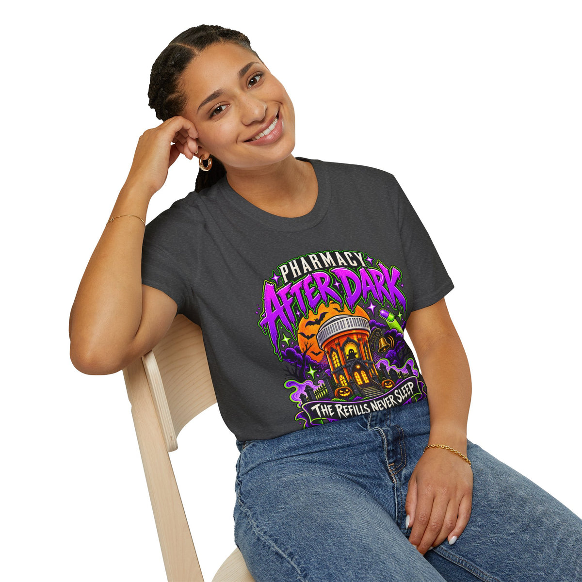 Pharmacy After Dark T-Shirt — 'The Refills Never Sleep' Halloween Pharmacy Tee