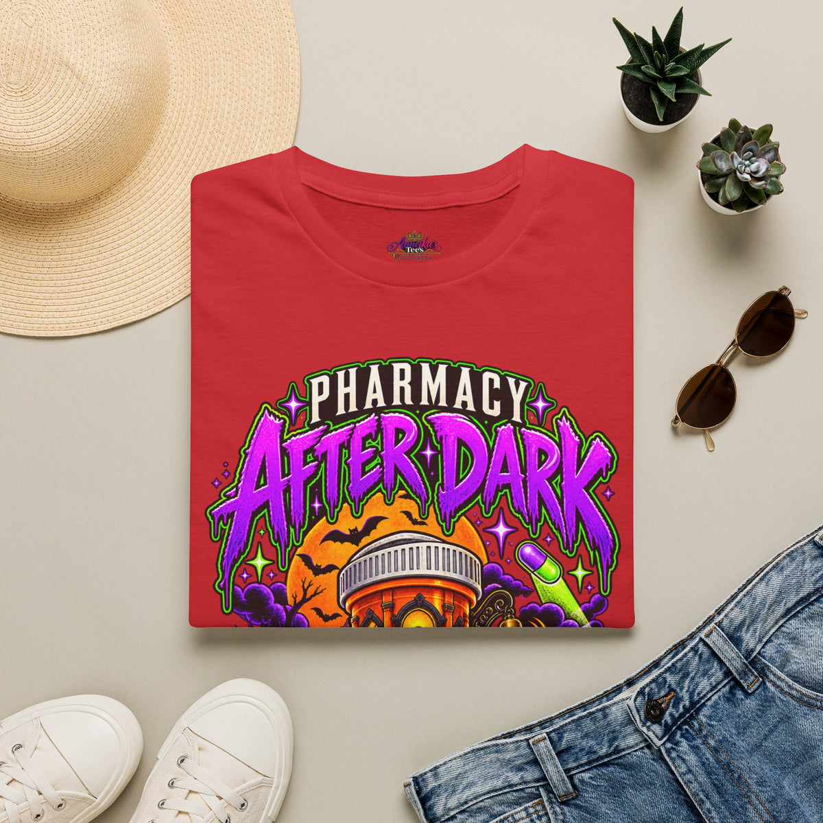 Pharmacy After Dark T-Shirt — 'The Refills Never Sleep' Halloween Pharmacy Tee