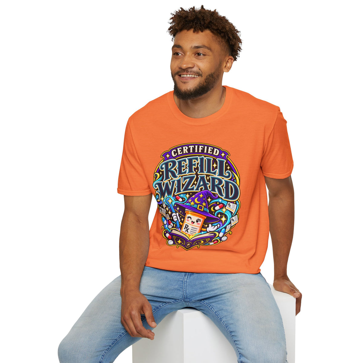Certified Refill Wizard T-Shirt — Colorful Pharmacy/Tech Geek Graphic Tee
