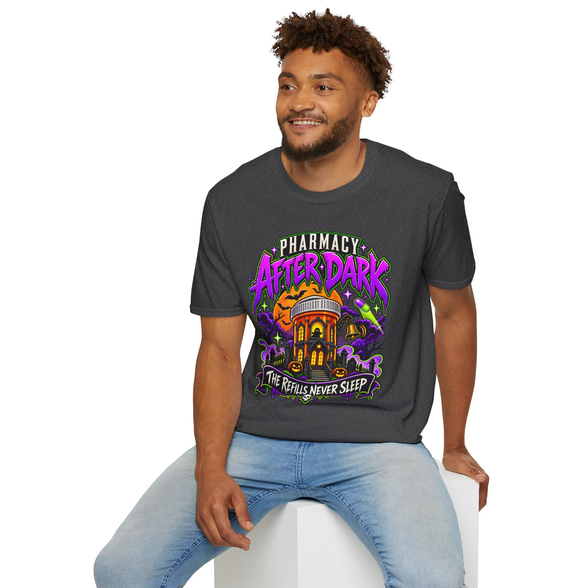 Pharmacy After Dark T-Shirt — 'The Refills Never Sleep' Halloween Pharmacy Tee