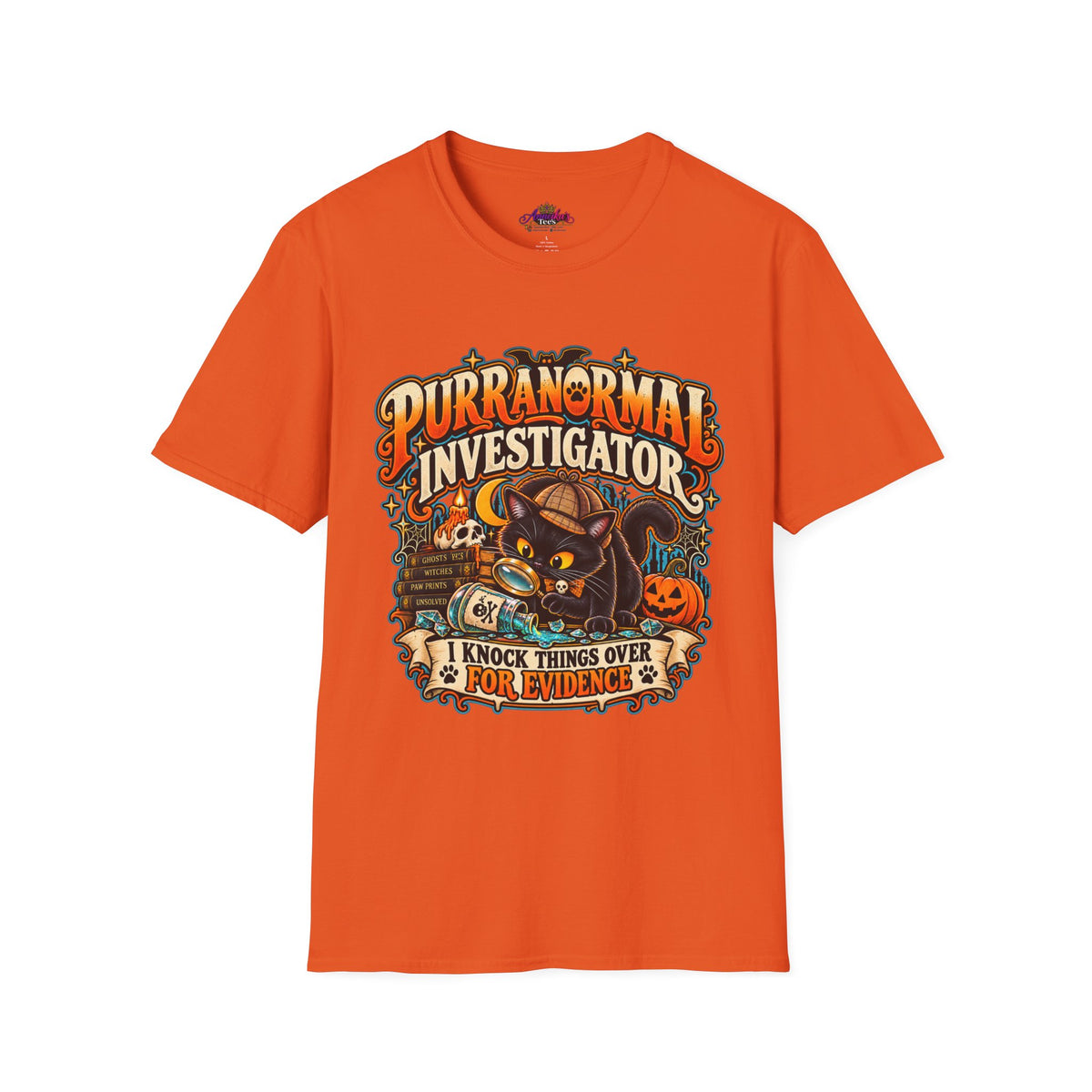 Purranormal Investigator T-Shirt — Funny Halloween Cat Tee (“I Knock Things Over for Evidence”)