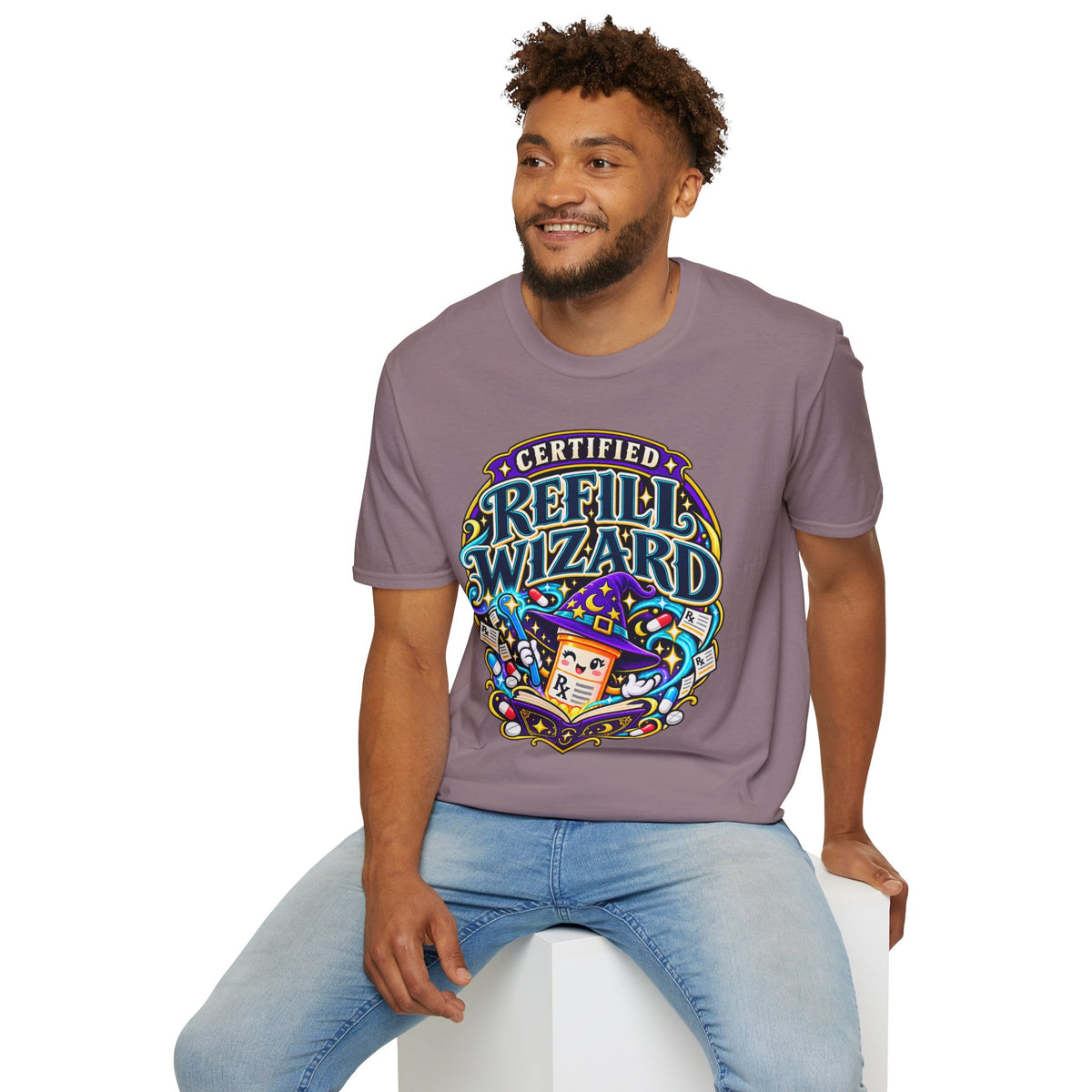 Certified Refill Wizard T-Shirt — Colorful Pharmacy/Tech Geek Graphic Tee