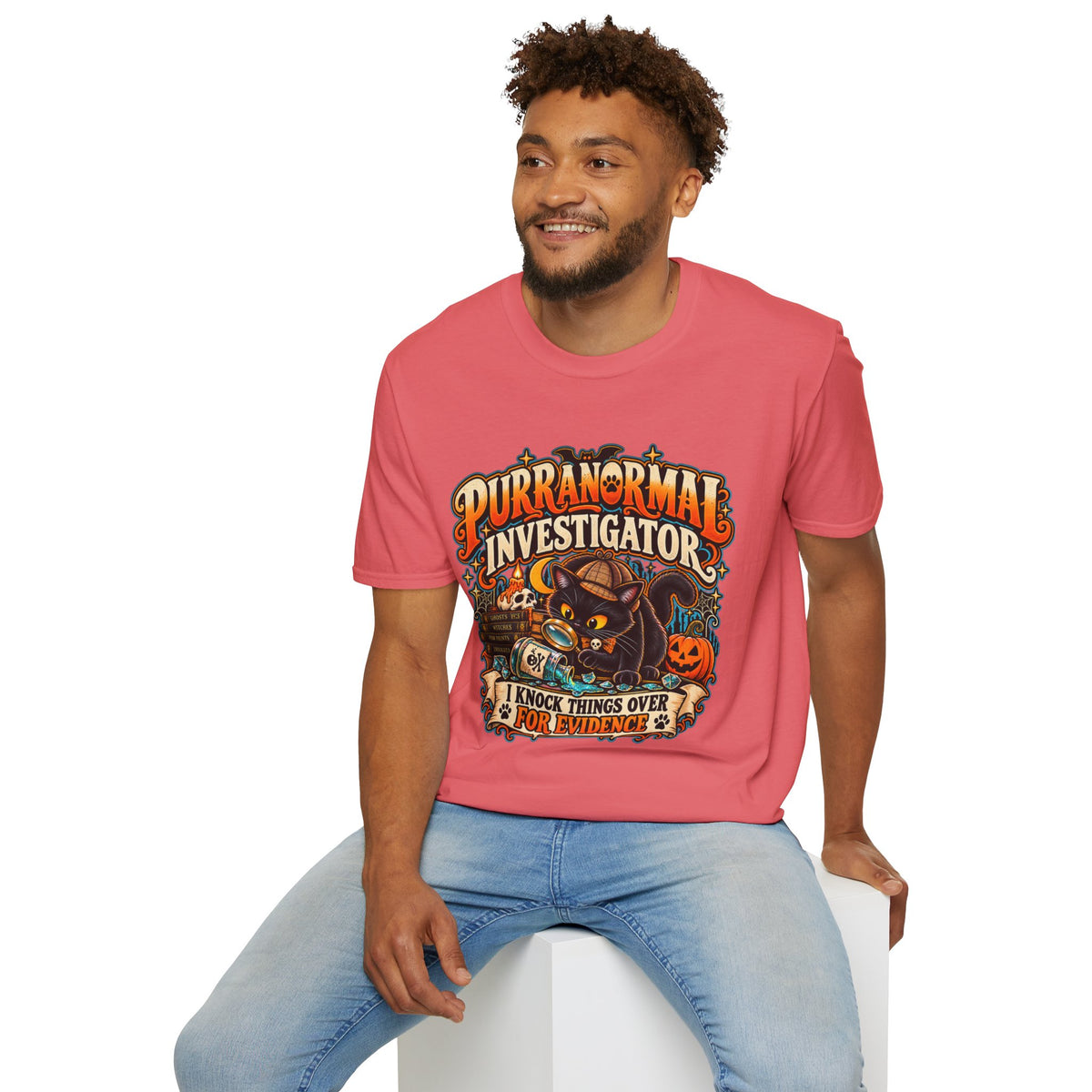 Purranormal Investigator T-Shirt — Funny Halloween Cat Tee (“I Knock Things Over for Evidence”)