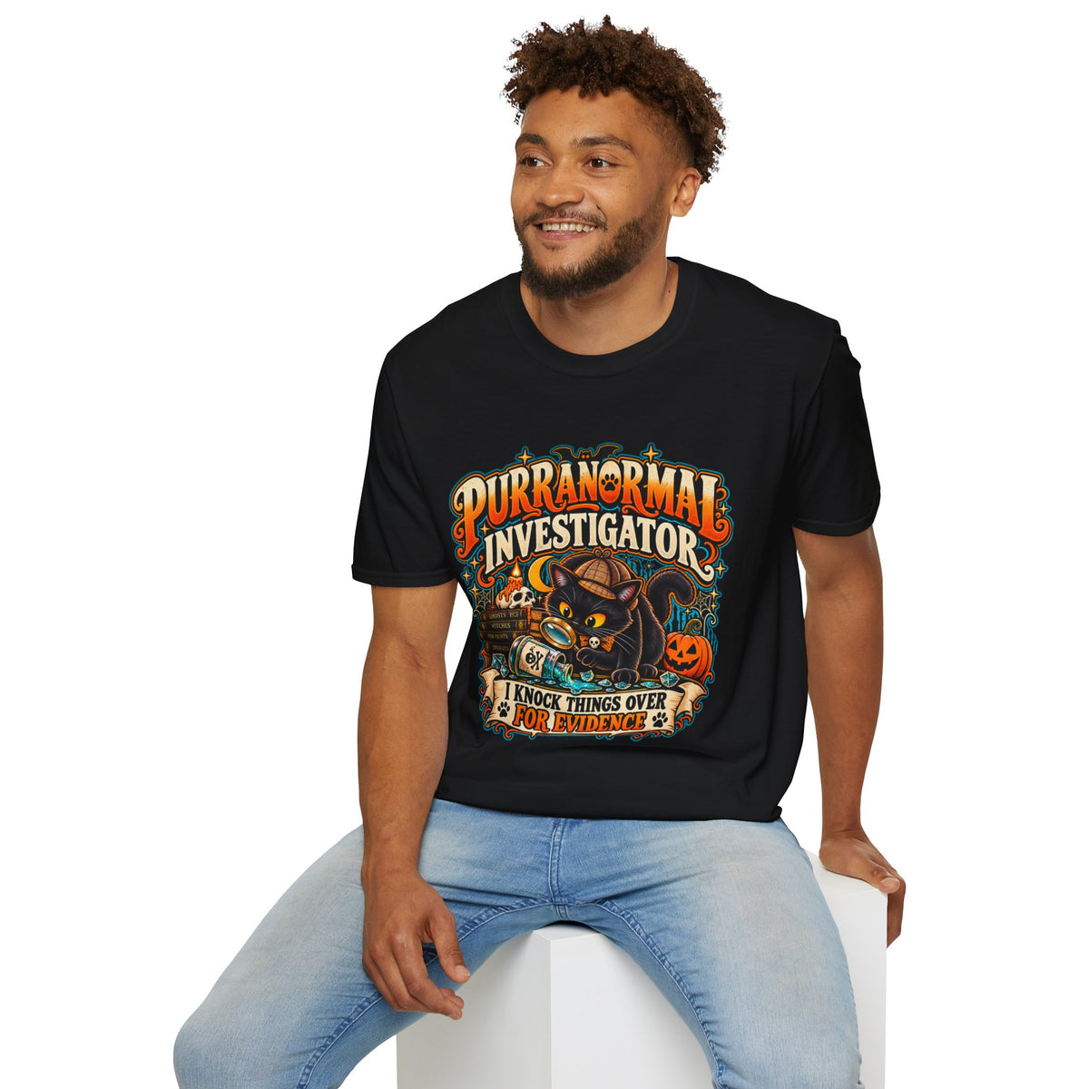 Purranormal Investigator T-Shirt — Funny Halloween Cat Tee (“I Knock Things Over for Evidence”)