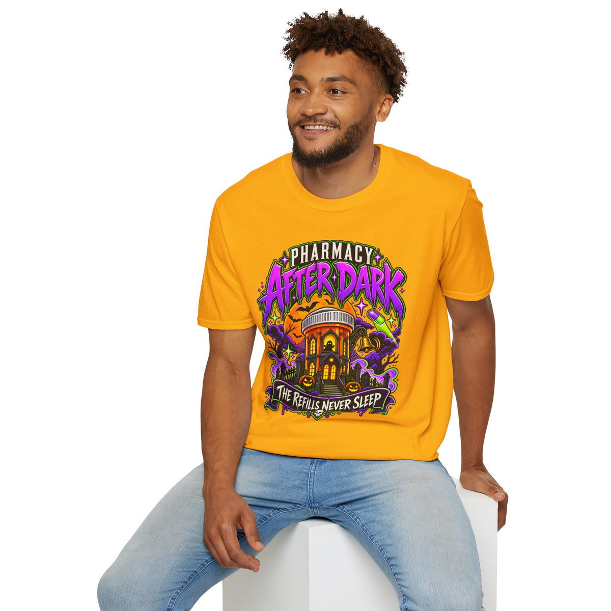 Pharmacy After Dark T-Shirt — 'The Refills Never Sleep' Halloween Pharmacy Tee