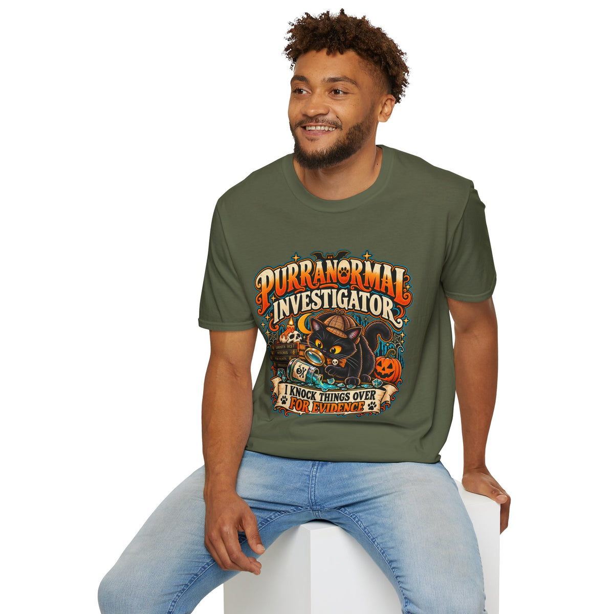 Purranormal Investigator T-Shirt — Funny Halloween Cat Tee (“I Knock Things Over for Evidence”)