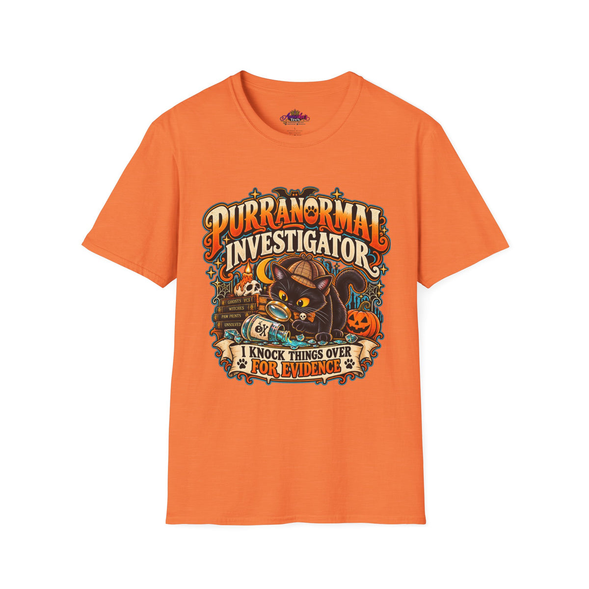 Purranormal Investigator T-Shirt — Funny Halloween Cat Tee (“I Knock Things Over for Evidence”)