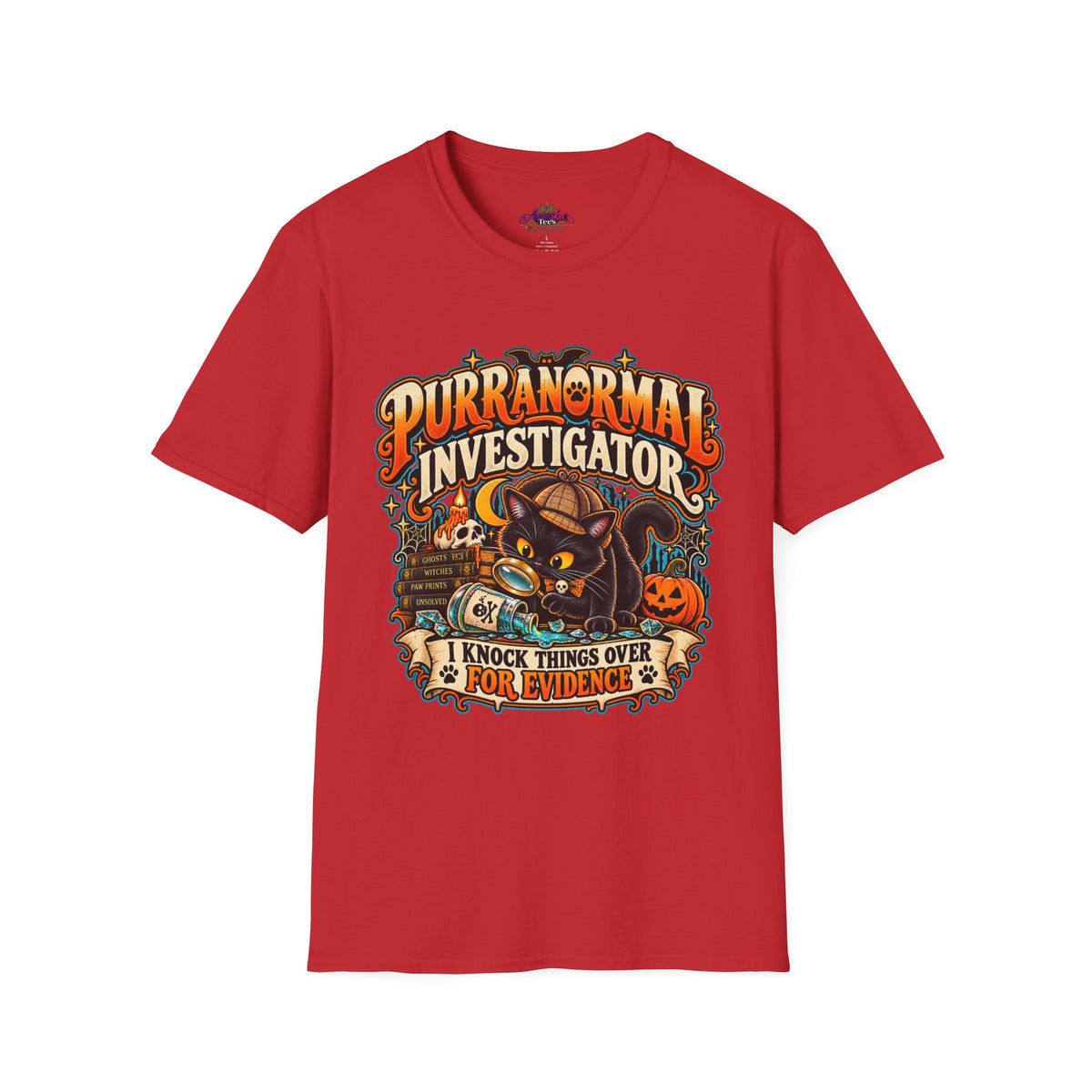 Purranormal Investigator T-Shirt — Funny Halloween Cat Tee (“I Knock Things Over for Evidence”)