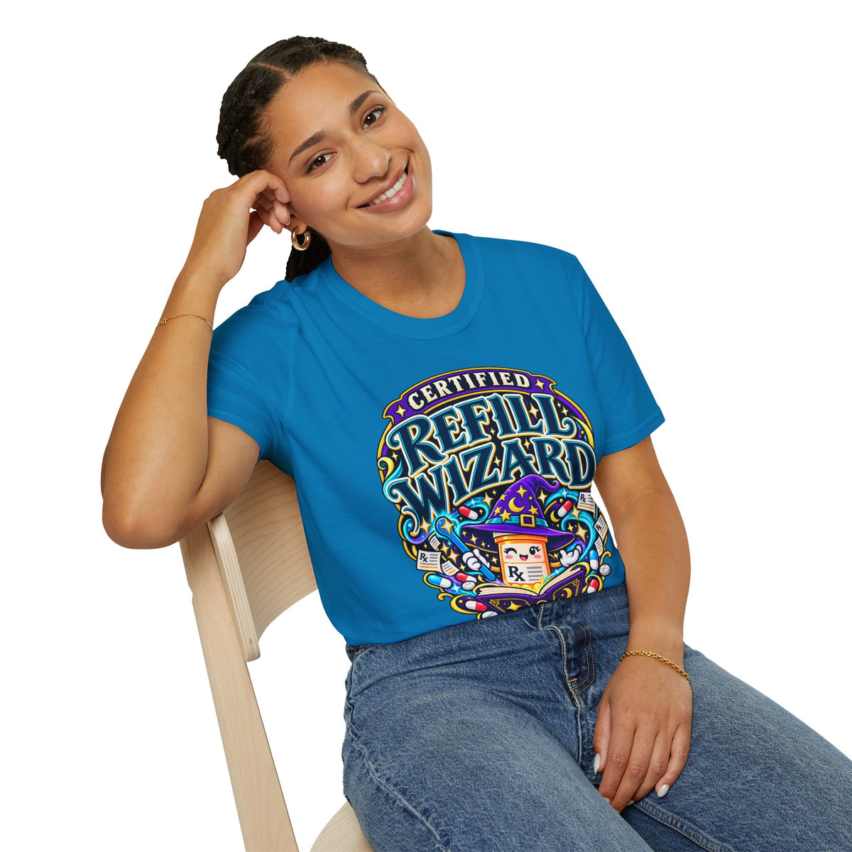 Certified Refill Wizard T-Shirt — Colorful Pharmacy/Tech Geek Graphic Tee