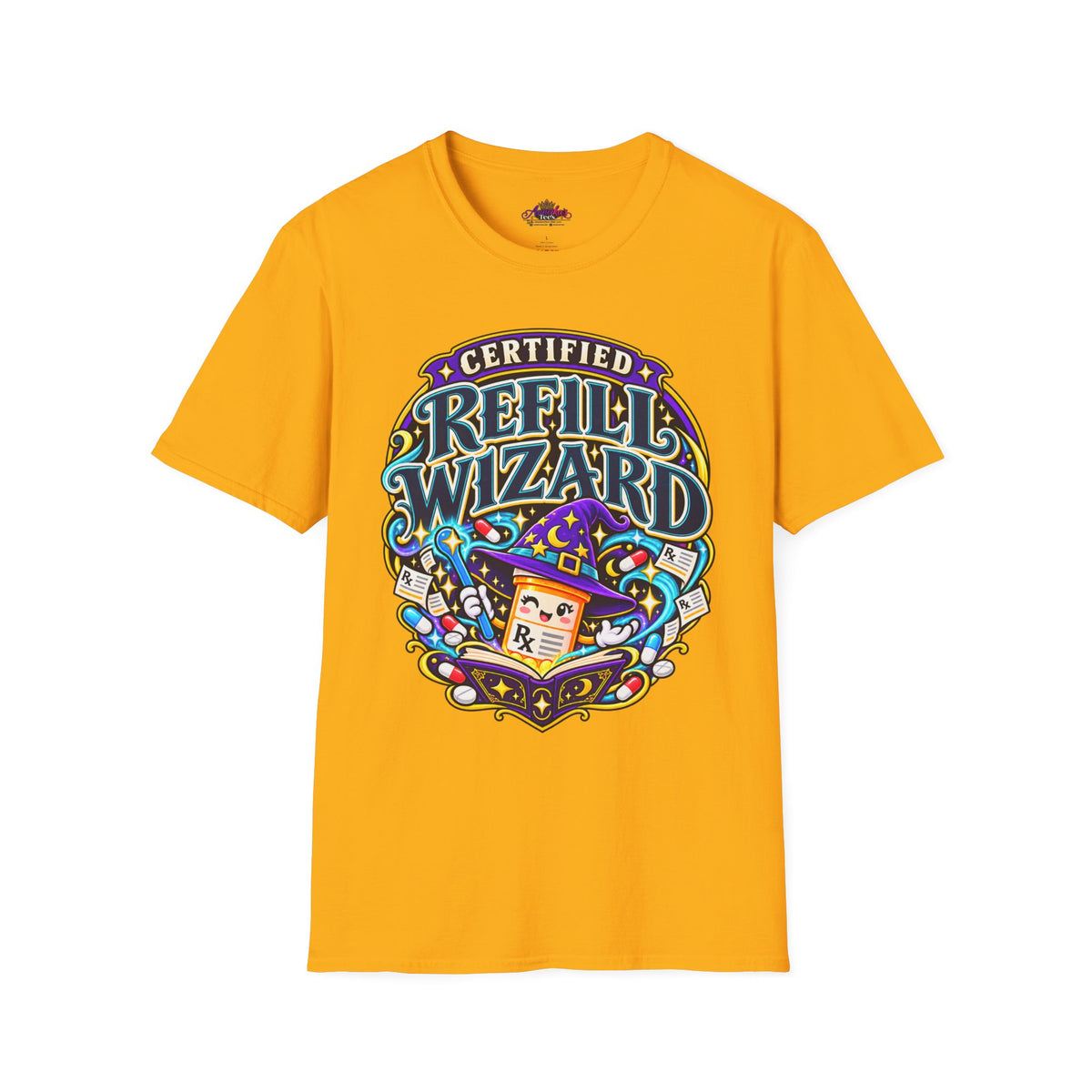 Certified Refill Wizard T-Shirt — Colorful Pharmacy/Tech Geek Graphic Tee