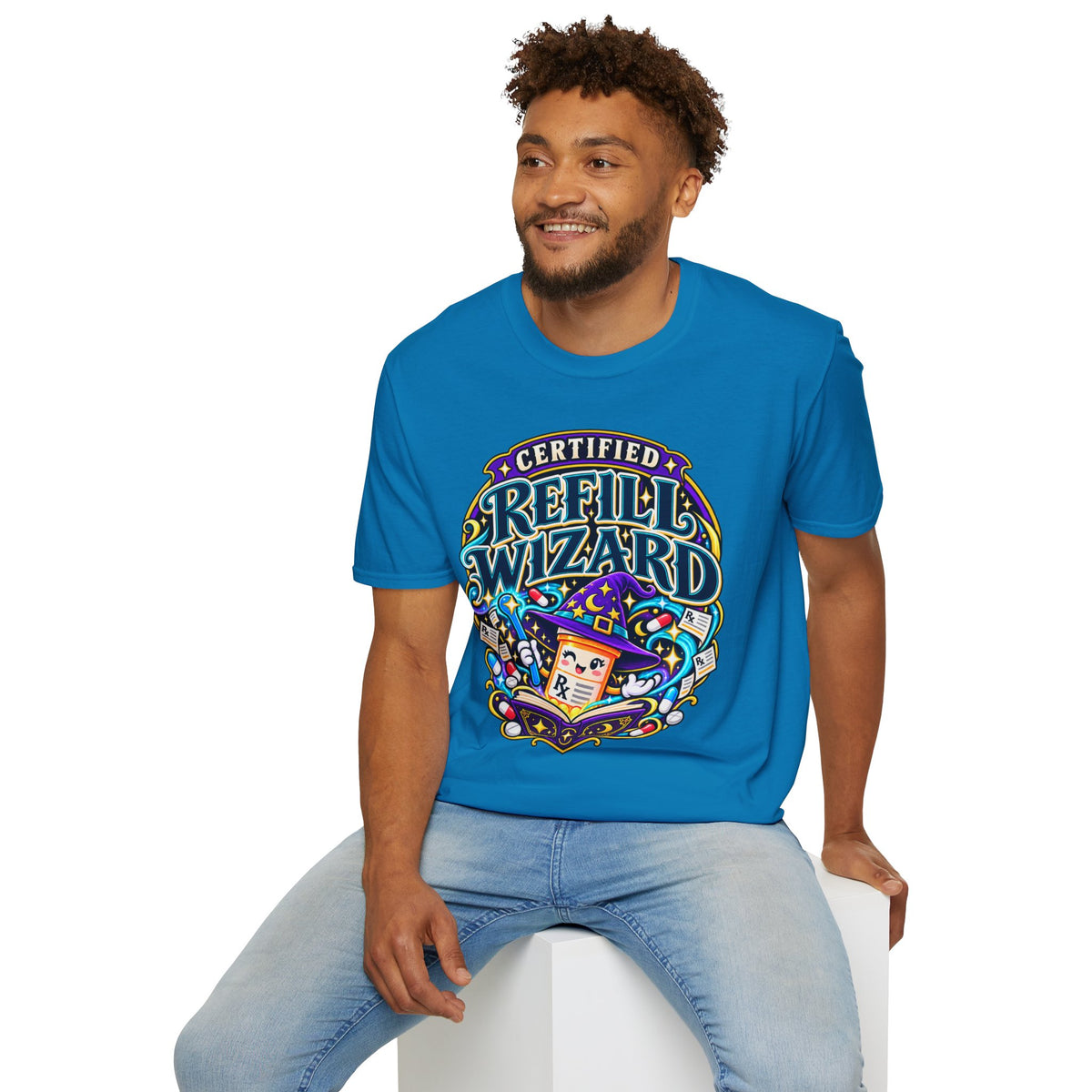 Certified Refill Wizard T-Shirt — Colorful Pharmacy/Tech Geek Graphic Tee