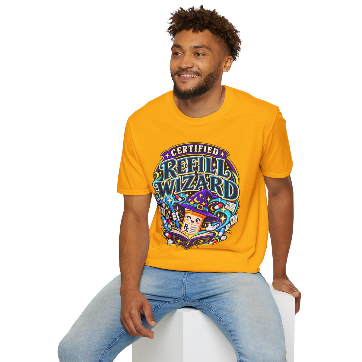Certified Refill Wizard T-Shirt — Colorful Pharmacy/Tech Geek Graphic Tee