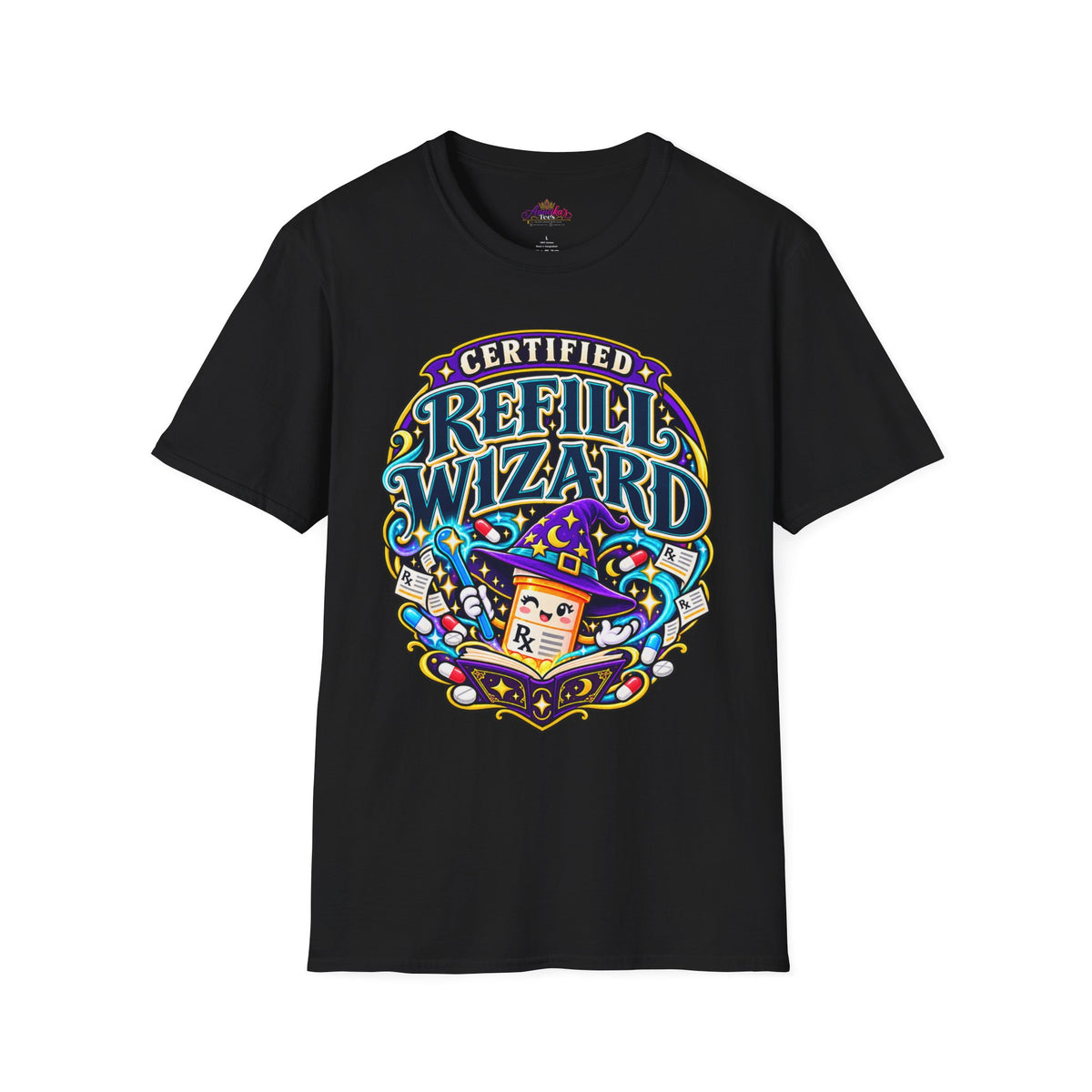 Certified Refill Wizard T-Shirt — Colorful Pharmacy/Tech Geek Graphic Tee