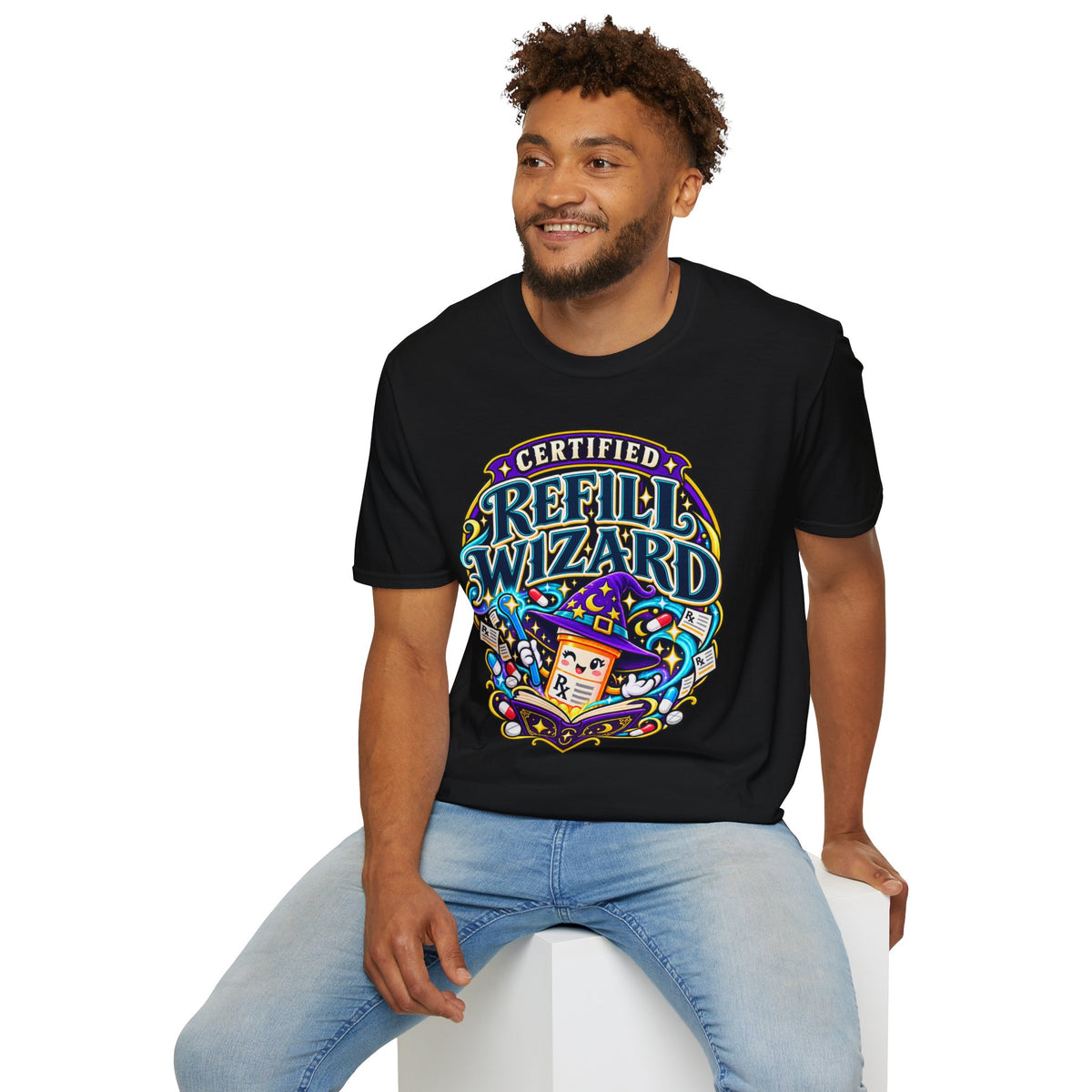Certified Refill Wizard T-Shirt — Colorful Pharmacy/Tech Geek Graphic Tee