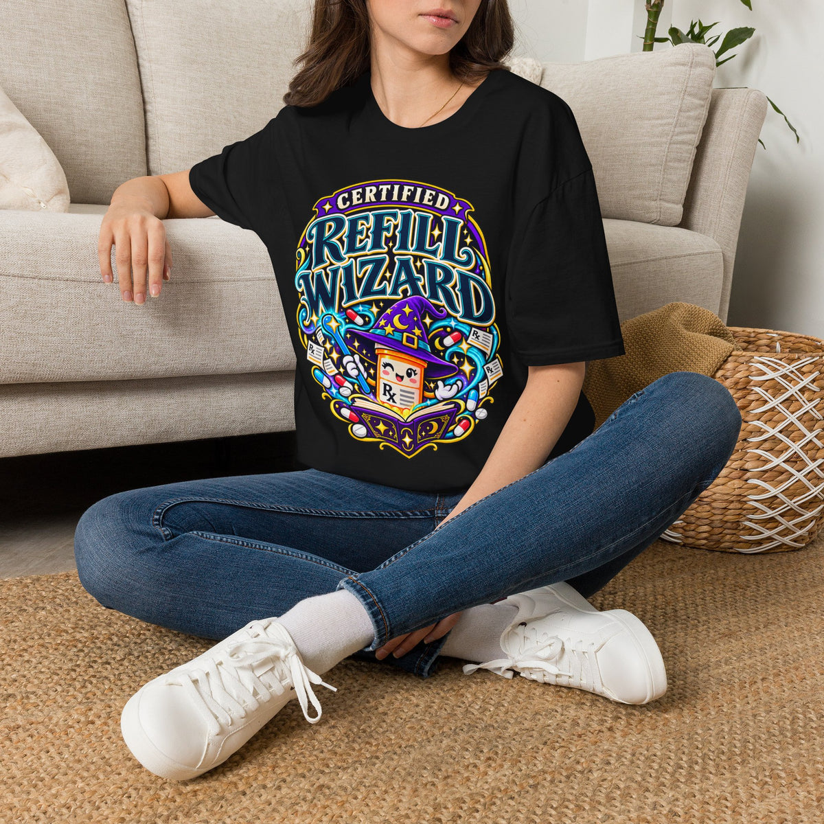 Certified Refill Wizard T-Shirt — Colorful Pharmacy/Tech Geek Graphic Tee