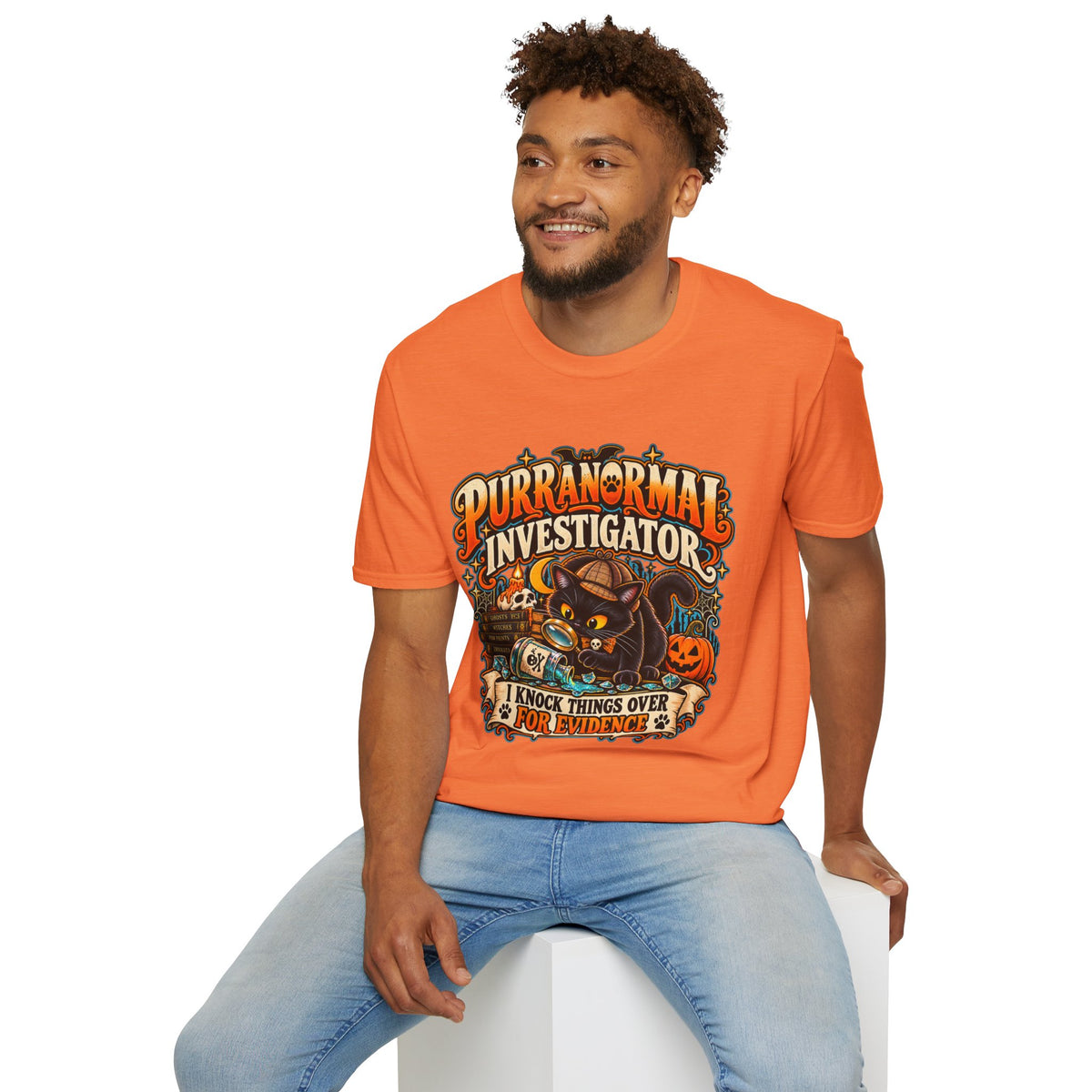 Purranormal Investigator T-Shirt — Funny Halloween Cat Tee (“I Knock Things Over for Evidence”)