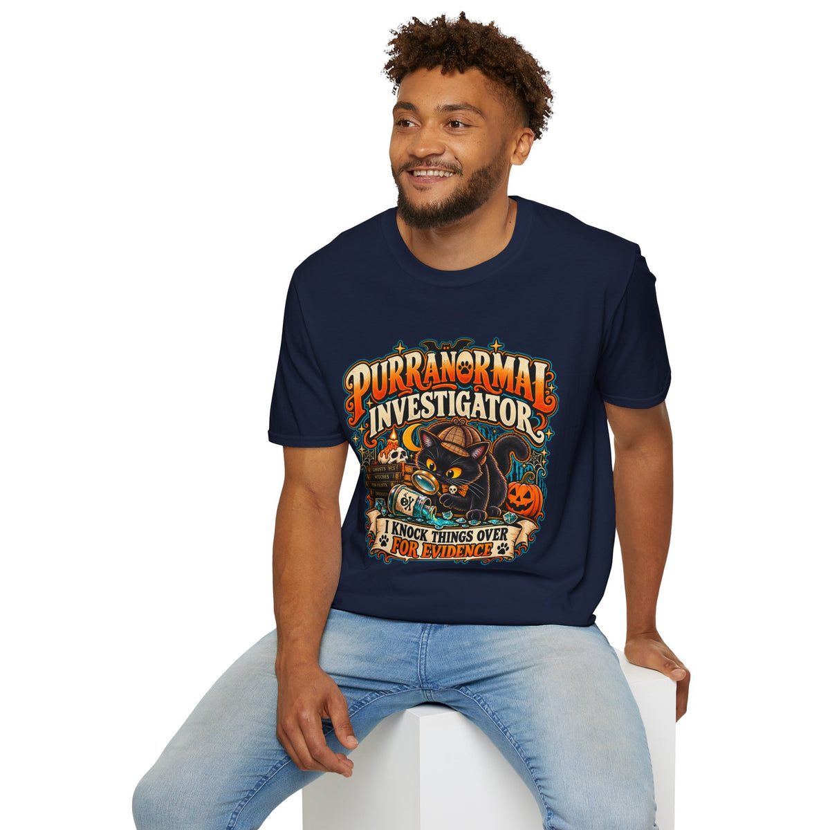 Purranormal Investigator T-Shirt — Funny Halloween Cat Tee (“I Knock Things Over for Evidence”)