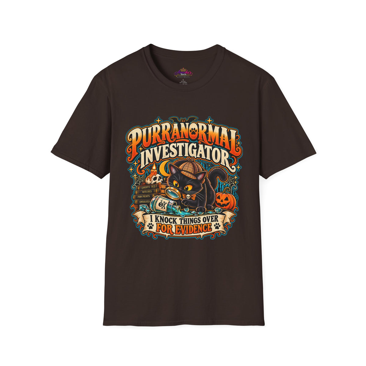 Purranormal Investigator T-Shirt — Funny Halloween Cat Tee (“I Knock Things Over for Evidence”)