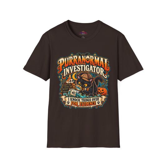 Purranormal Investigator T-Shirt — Funny Halloween Cat Tee (“I Knock Things Over for Evidence”)