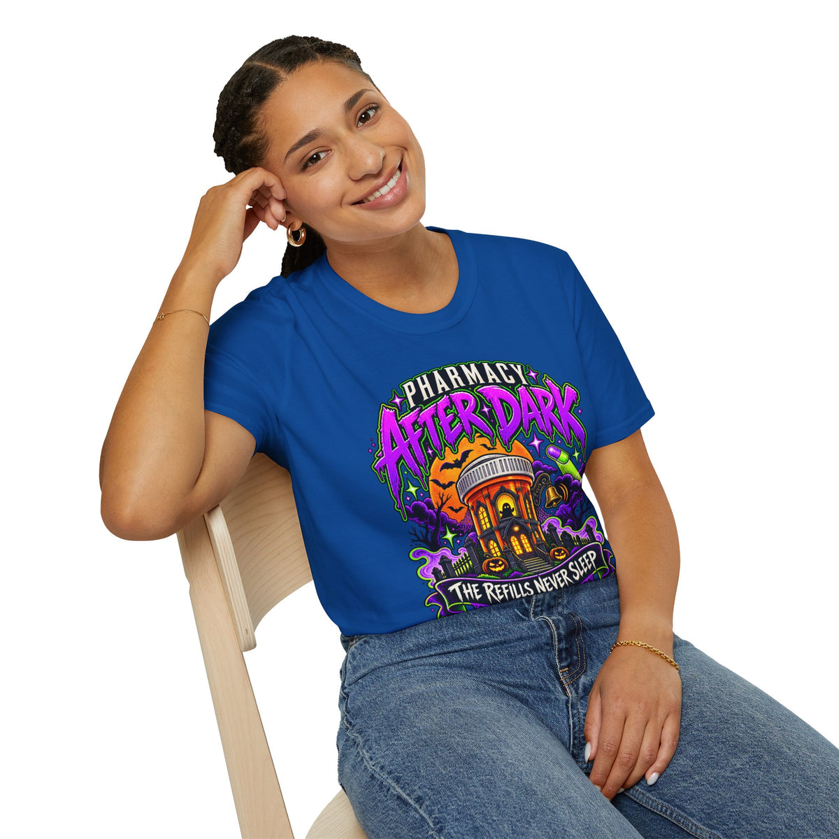 Pharmacy After Dark T-Shirt — 'The Refills Never Sleep' Halloween Pharmacy Tee