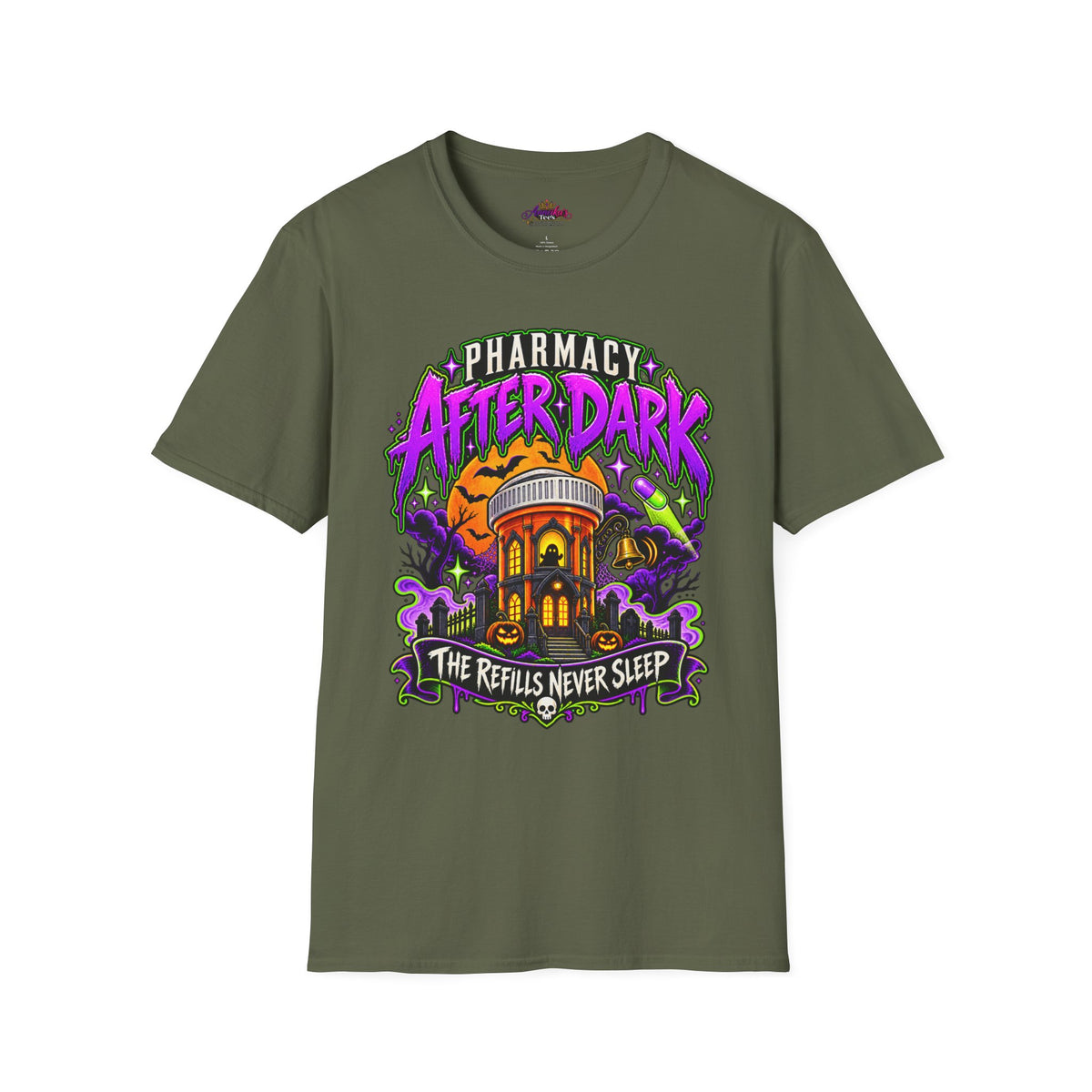 Pharmacy After Dark T-Shirt — 'The Refills Never Sleep' Halloween Pharmacy Tee