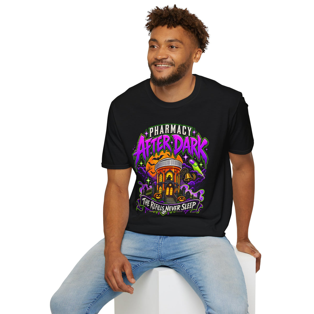 Pharmacy After Dark T-Shirt — 'The Refills Never Sleep' Halloween Pharmacy Tee