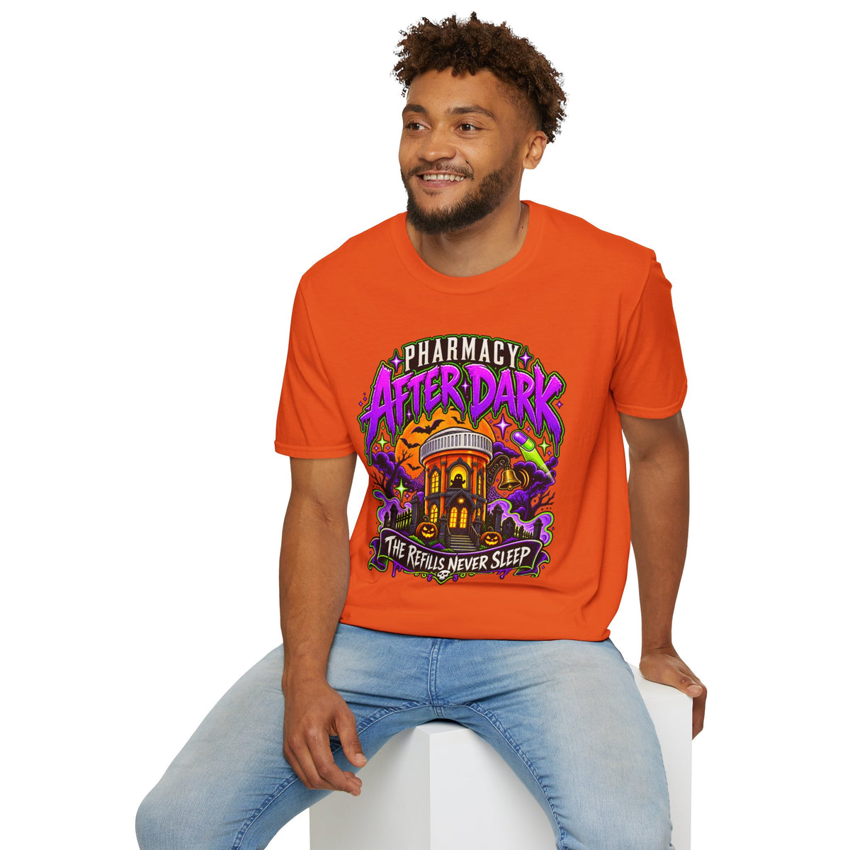 Pharmacy After Dark T-Shirt — 'The Refills Never Sleep' Halloween Pharmacy Tee