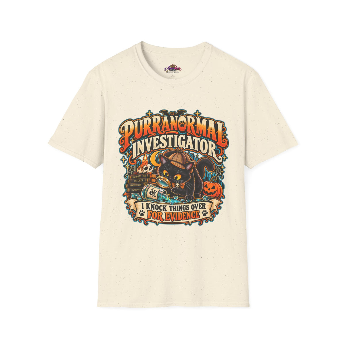 Purranormal Investigator T-Shirt — Funny Halloween Cat Tee (“I Knock Things Over for Evidence”)