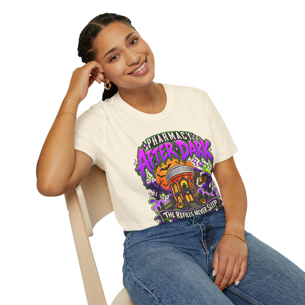 Pharmacy After Dark T-Shirt — 'The Refills Never Sleep' Halloween Pharmacy Tee