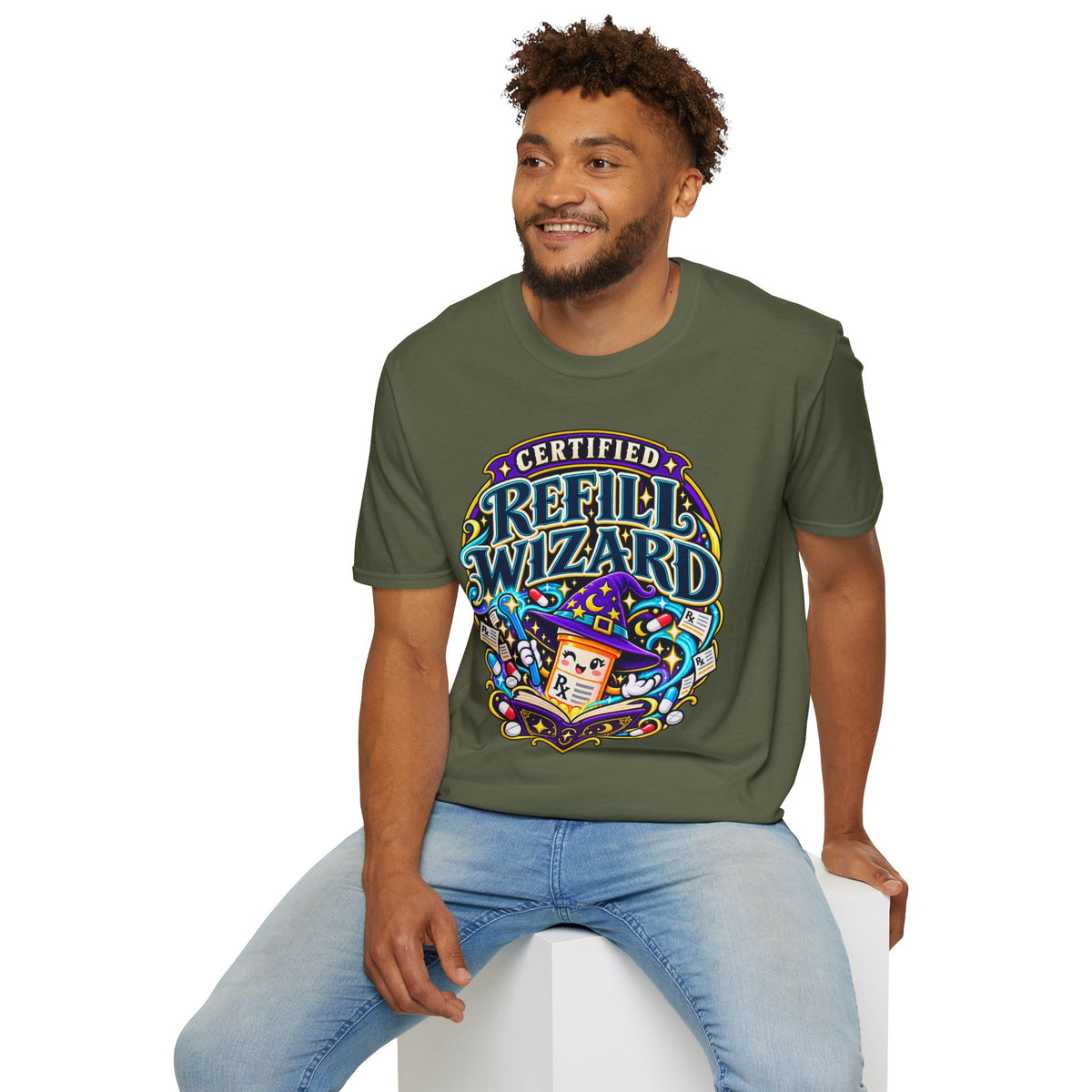 Certified Refill Wizard T-Shirt — Colorful Pharmacy/Tech Geek Graphic Tee