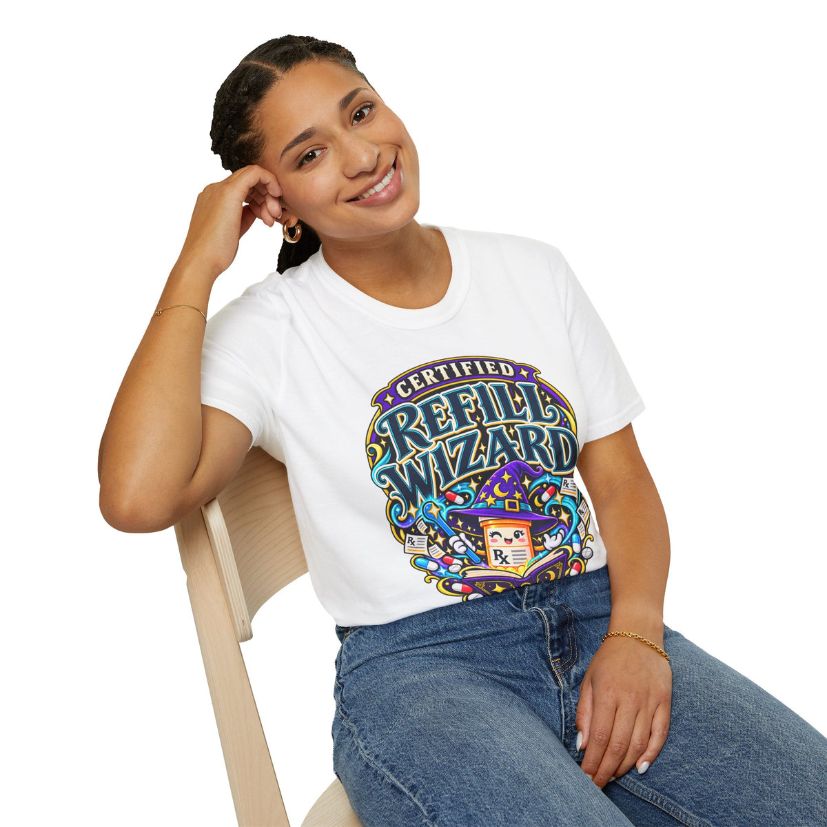 Certified Refill Wizard T-Shirt — Colorful Pharmacy/Tech Geek Graphic Tee
