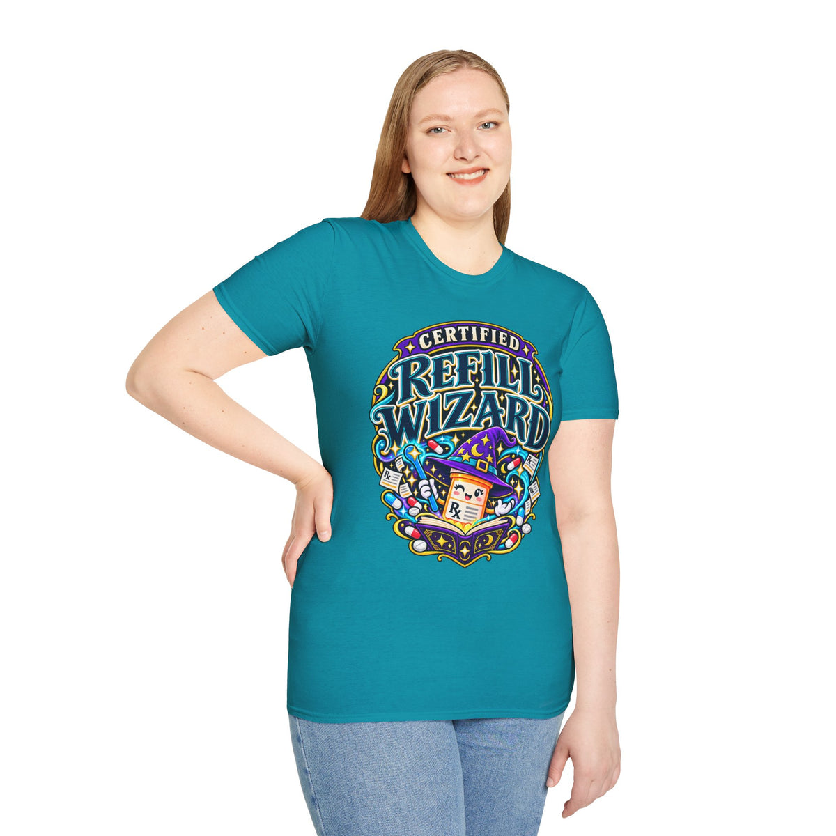 Certified Refill Wizard T-Shirt — Colorful Pharmacy/Tech Geek Graphic Tee