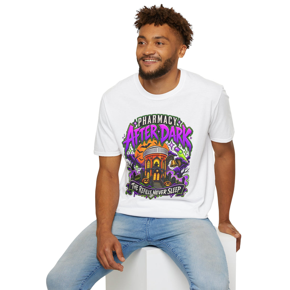 Pharmacy After Dark T-Shirt — 'The Refills Never Sleep' Halloween Pharmacy Tee