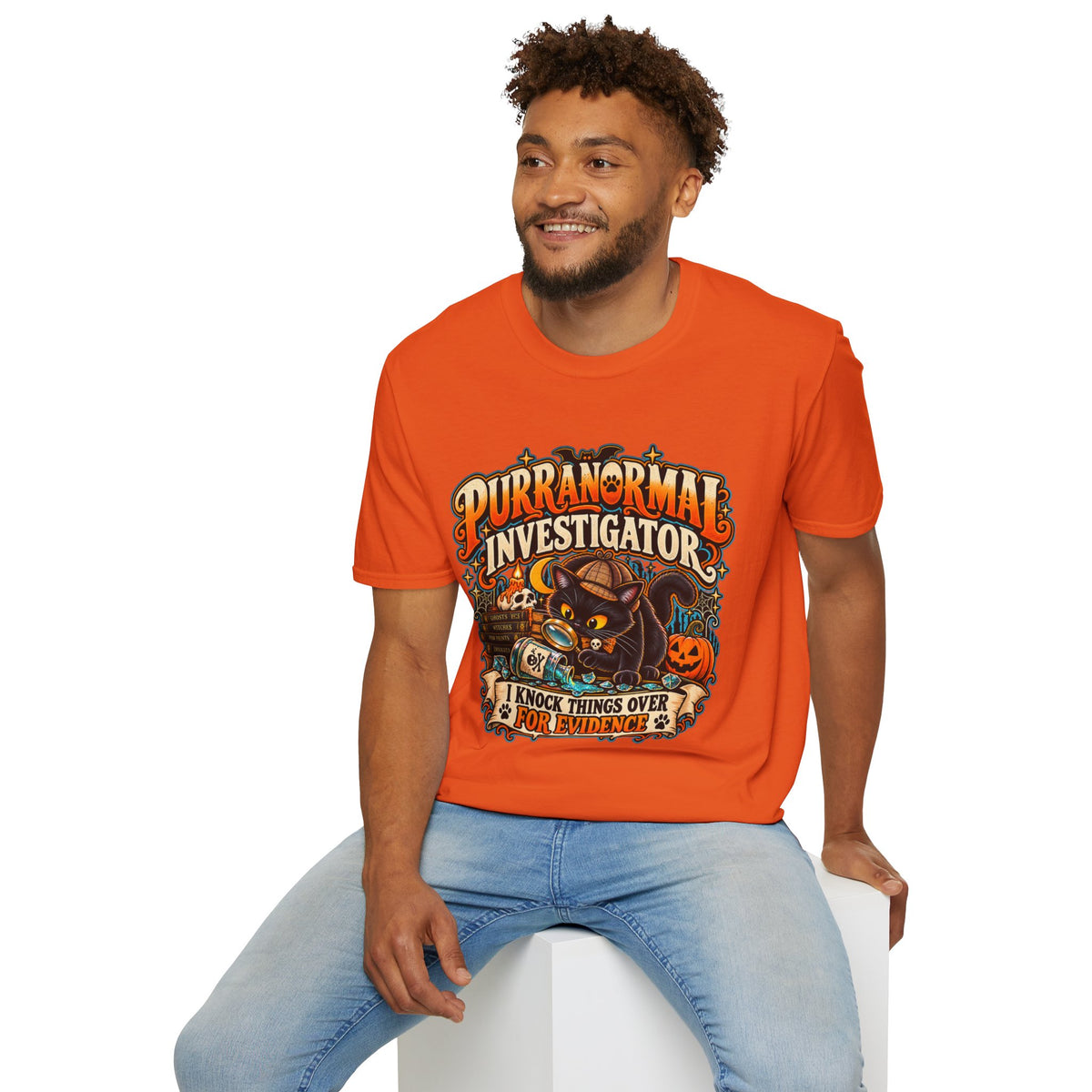 Purranormal Investigator T-Shirt — Funny Halloween Cat Tee (“I Knock Things Over for Evidence”)