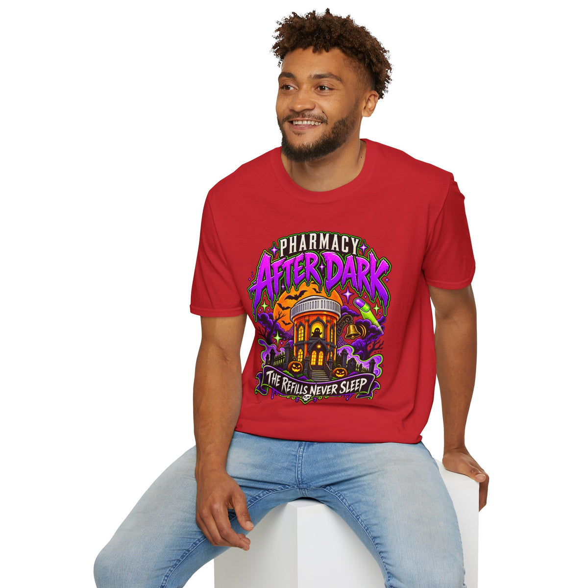 Pharmacy After Dark T-Shirt — 'The Refills Never Sleep' Halloween Pharmacy Tee