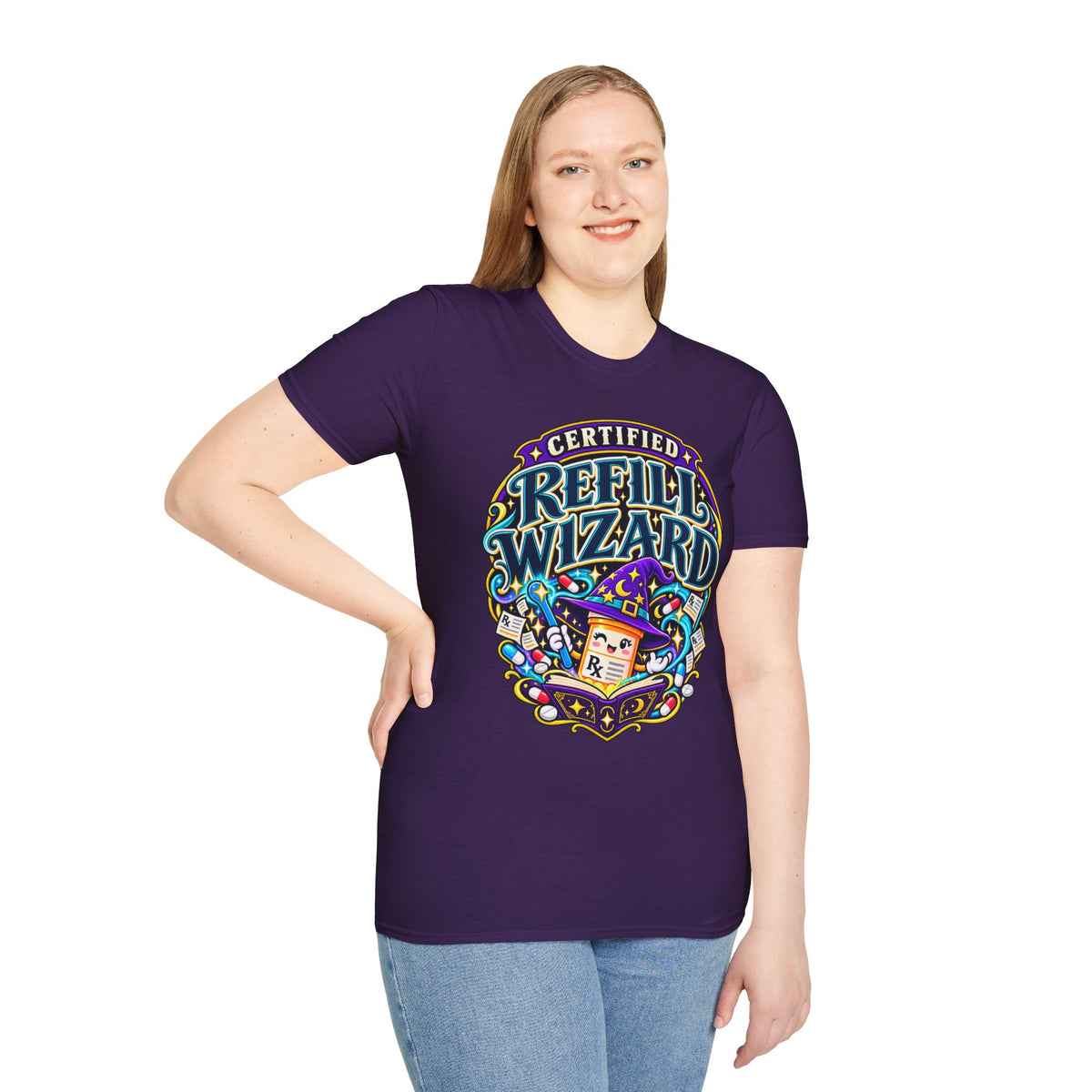 Certified Refill Wizard T-Shirt — Colorful Pharmacy/Tech Geek Graphic Tee