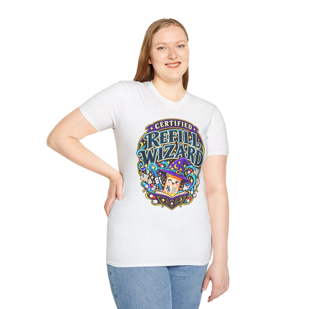 Certified Refill Wizard T-Shirt — Colorful Pharmacy/Tech Geek Graphic Tee